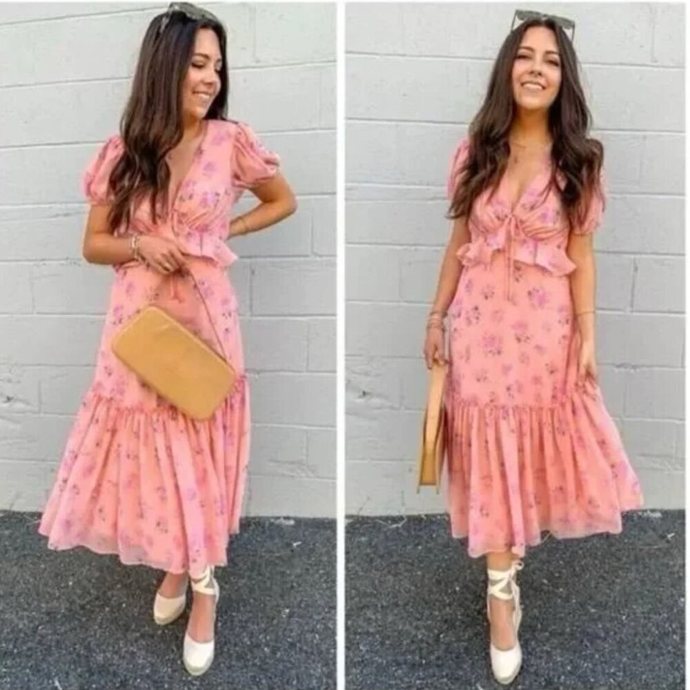LoveShackFancy Target Fleur Peach Floral Ruffle Midi Dress Short Sleeve Pink 14